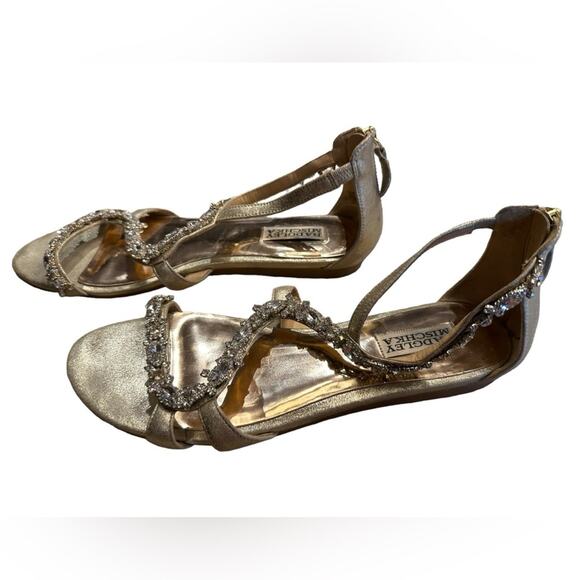 Badgley Mischka Women’s Size 8 Gold Leather Bejeweled Flat Sandals with Zip Heel - Picture 9 of 9